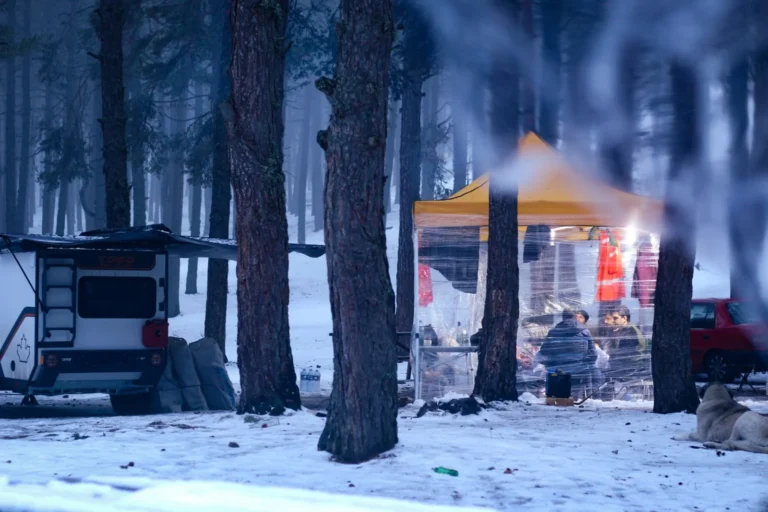 Tente et camping-car dans une forêt enneigée