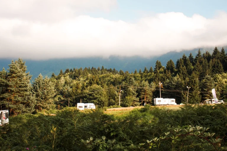 Caravanes dans un camping en forêt, au pied des montagnes
